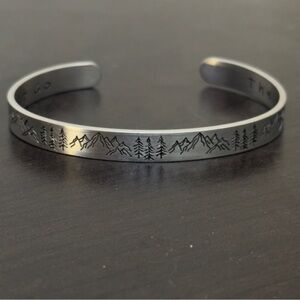 Stainless Steel Mountain and Pines cuff bracelet with message